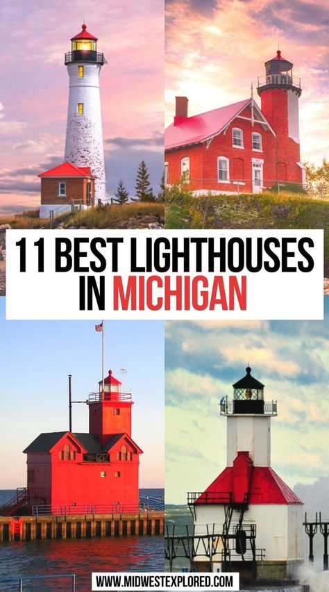 11 Best Lighthouses In Michigan Lake Michigan Lighthouses, Michigan Lighthouses, Travel Michigan, Best Family Beaches, Lake Lighthouse, Michigan Lake, Michigan Road Trip, Michigan Vacations, Traveling Solo