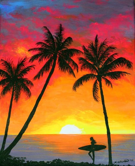Extremely Beautiful Pastel Watercolor Paintings Sunset Painting Easy, Surfer Painting, Surfer Art, Surfer Print, Easy Landscape Paintings, Beautiful Landscape Paintings, Seni Pastel, Sunset Surf, Night Sky Painting