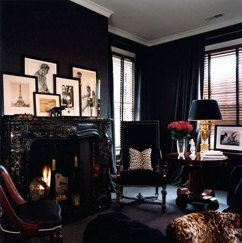 15 Stunning Monochromatic Interiors                                                                                                                                                                                 More Black Room Design, Gothic Interior Design, Gothic Living Room, Monochromatic Interior, Glamorous Room, Black Living, Monochromatic Room, Gothic Interior, Dark Living Rooms
