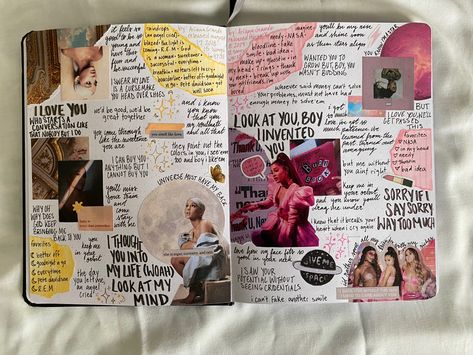 Speak Now Scrapbook, Ariana Grande Scrapbook, Ariana Grande Journal Ideas, Song Journal Aesthetic, Lyric Journal, Romantic Scrapbook, Album Journal, Ariana Grande Album, Music Journal