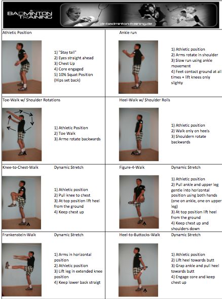 Shows the warm-ups, and pre-game stretches in order for them to get ready to compete in their game Tennis Warm Up Exercise, Badminton Exercise, Badminton Drills, Badminton Rules, Badminton Pictures, Badminton Training, Beginner Tennis, Badminton Games, Warm Up Stretches