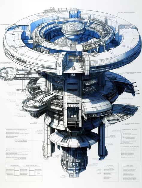A detailed mechanical plan for a futuristic space station, including the engineering drawing. AI-generated Spaceship Blueprint Sci Fi, Isometric Space Station, Alien Spaceship Interior, Sci Fi Station, Sci Fi Space Station Interior, Homeworld Concept Art, Sci Fi Ship Concept Art, Industrial Spaceship, Space Engineers Ships