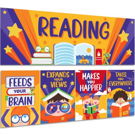 PRICES MAY VARY. VIBRANT READING POSTERS FOR LIBRARY - Encourage kid's love for reading with these reading posters for elementary school, which feature reading benefits. Display it as library bulletin board decorations & elementary school posters for classroom. PREMIUM READING SIGN - Made with 250gsm paper & matte finish, these classroom library decorations are glare-resistant & sure to last many school years. This reading poster can be used as reading classroom decorations & library decorations Library Decorations School, Library Wall Design, Reading Posters For Classroom, Library Decorating Ideas Elementary, Library Rules Poster, Library Bulletin Board Ideas, School Library Posters, Elementary School Posters, Decorations For Classroom