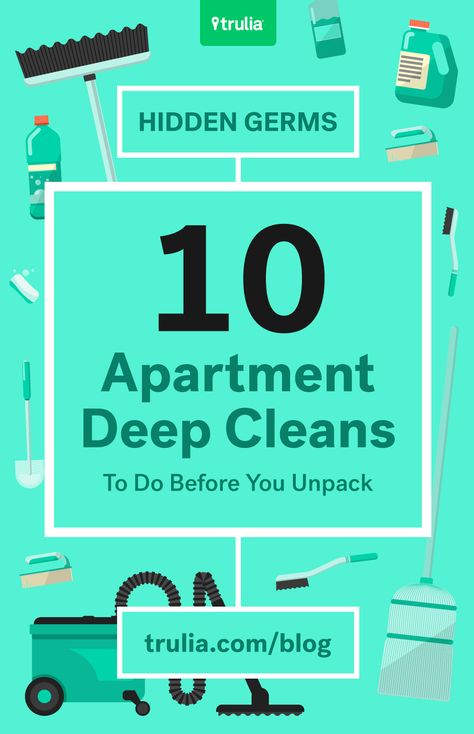 10 things to clean in your new apartment before you unpack: 1. Dust everything above your head 2. Get the bathroom fan 3. Wipe down the walls 4. Scrub those cabinets 5. Make the floors shine 6. Disinfect doorknobs and light switches 7. Replace old toilet seats 8. Wash the dishwasher 9. Deep-clean the fridge 10. Scour the bathroom Organisation, Apartment Move In Cleaning Checklist, Deep Clean Rental Home, Deep Cleaning New Apartment, Deep Clean Apartment Before Moving In, New Apartment Checklist Cleaning, Deep Clean New Apartment, Apartment Deep Cleaning, Apartment Deep Clean