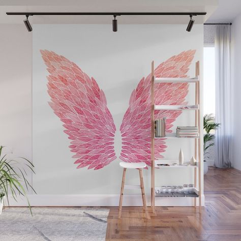 Buy Pink Angel Wings Wall Mural by Marie Funseth. Worldwide shipping available at Society6.com. Just one of millions of high quality products available. Wings Decoration Wall Decor, Angel Wings On Wall, Angel Wings Mural, Salon Selfie Wall, Wings On Wall, Wall Murals Easy, Salon Wall Mural, Pink Boutique Interior, Salon Interior Design Pink