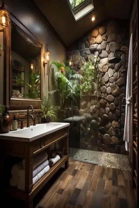 River rock shower floor in a rustic style bathroom. Small Rustic Bathroom Ideas, Small Rustic Bathroom, Bathroom Ideas Small Modern, Marble Bed, Small Half Bathrooms, Dark Green Bathrooms, Stil Rustic, Modern Luxury Bathroom, Christmas Bathroom Decor