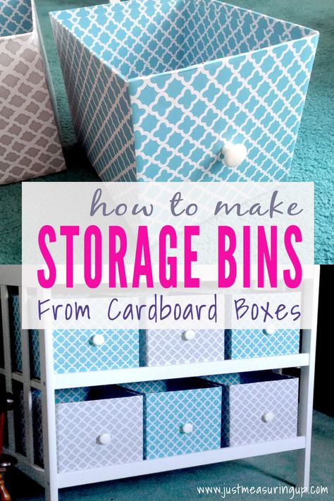 Reuse cardboard boxes for storage! With just cardboard and contact paper and one other materila, you can make these DIY storage boxes out of cardboard. No sewing or fabric involved. Perfect for clothes or toys. #storage #organization #tidyingup Diy Cube Storage, Cardboard Box Diy, Storage Baskets Diy, Diy Karton, Cardboard Organizer, Cardboard Storage, Diy Rangement, Cardboard Box Crafts, Diy Storage Boxes