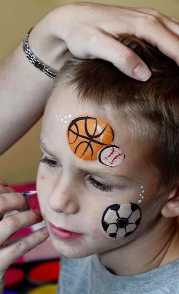 Sports balls Face Paint Basketball, Sport Face Paint Ideas, Soccer Ball Face Paint, Face Painting Sports, Sports Face Paint Ideas, Sport Face Paint, Basketball Face Paint, Boys Face Painting Ideas, Sports Face Paint