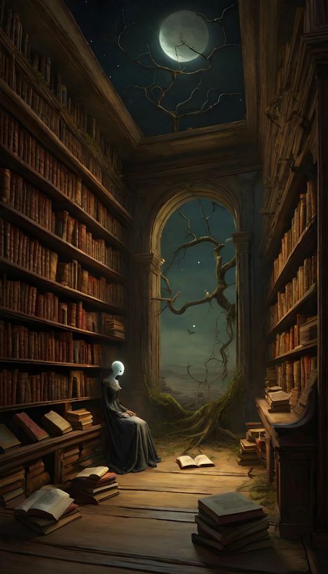 Moonlit library where books flutter open on their own, revealing whispering mouths and blinking eyes within their pages. Creepy Library Aesthetic, Cozy Library Aesthetic, Surreal Library, Horror Library, Forbidden Library, Spooky Library, Acnh Witchy, Books Artwork, Devil Quotes