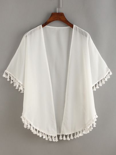 White Fringe Chiffon Kimono White Chiffon Tops, Moda Kimono, Chiffon Kimono, White Fringe, Top Ideas, White Chiffon, Kimono Cardigan, Tops Online, Girls Fashion Clothes