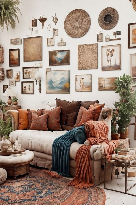 Eclectic Art Wall, Living Room Hippie, Apartment Gallery Wall, Hippie Living Room, Cozy Boho Living Room, 70s Living Room, Boho Gallery Wall, Boho Interior Design, Eclectic Gallery Wall