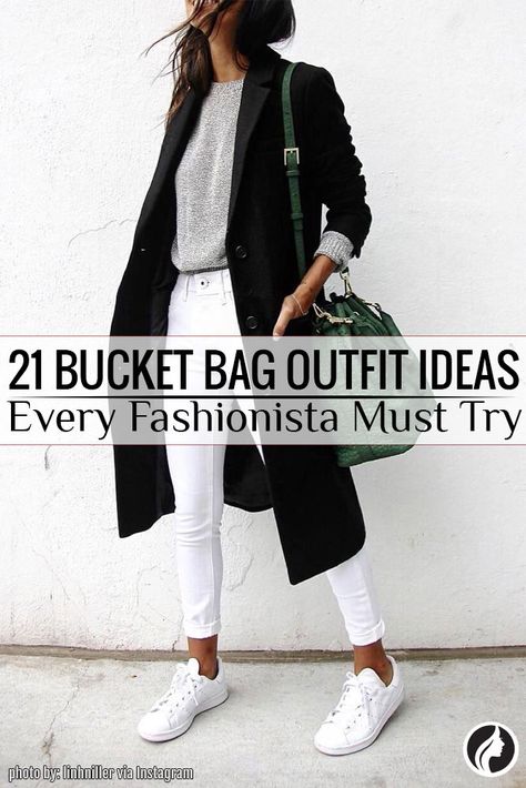 A bucket bag has many advantages: firstly, it is fashionable; secondly, it is compact; and most importantly, it is appropriate to wear it to work. Bucket Bag Purse, White Bucket Bag Outfit, Leather Bucket Bags, Small Bucket Bag Outfit, Black Bucket Bag Outfit, Bucket Bag Outfit Street Styles, Coach Bucket Bag Outfit, Designer Bucket Bag, Mini Bucket Bag Outfit