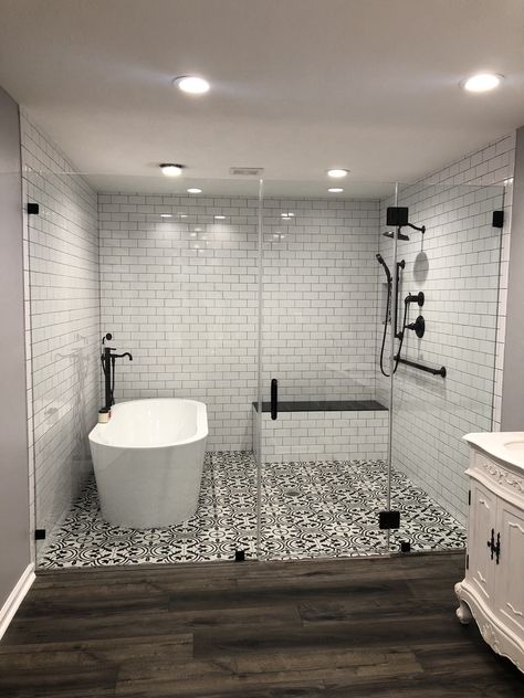 Open Shower Ideas Walk In With Tub, Wet Room Remodel, Walk In Bath Shower Combo, Walk In Shower With Clawfoot Tub Inside, Bathroom Remodel Double Wide, Basic Shower Tile, Herringbone Master Bath Floor, Seamless Shower Tile, Tube In Shower Ideas