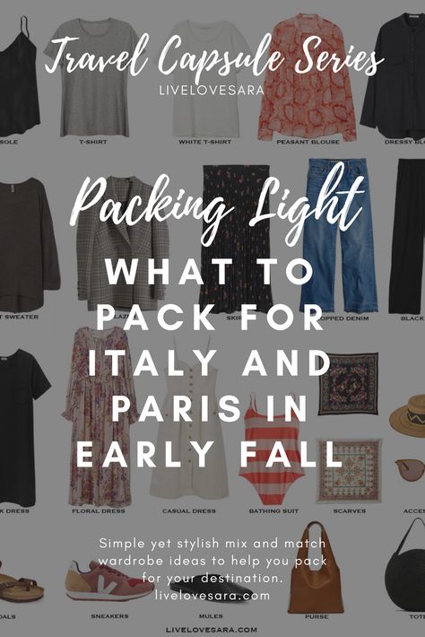 Europe Packing List October, Packing Essentials For Italy, Paris Travel Capsule Wardrobe, Packing List Italy Fall, Autumn Packing List Europe, Packing For Provence In Fall, Italy Capsule Wardrobe Autumn, Packing Light Fall In Europe, One Month Europe Packing List