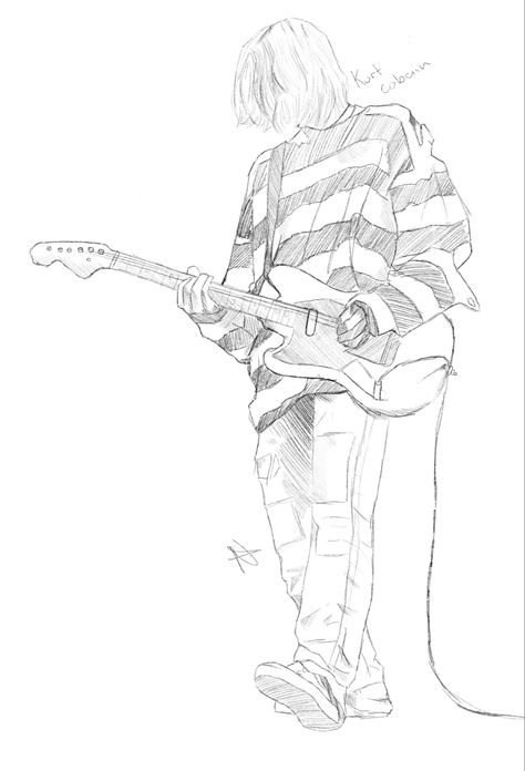 Kurt Contain Drawing, Music Aesthetic Sketch, Rock Music Drawings Ideas, Rock Aesthetic Drawing, How To Draw Kurt Cobain, Aesthetic Grunge Drawing Ideas, Drawing Grunge Sketch, Rock Music Art Drawing, Shaking Head Drawing