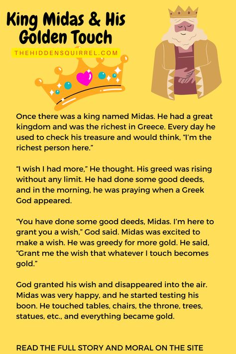 king midas
midas story
golden touch story
king midas and his golden touch story
moral stories for kids The Golden Touch Story, King Midas And The Golden Touch, Good Moral Stories, Stories With Moral Lessons, King Midas, Moral Story, Moral Stories For Kids, Bedtime Story, Moral Stories