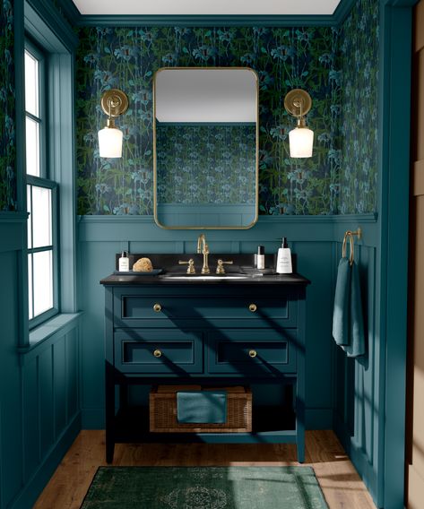 Vintage Bathroom Inspiration, Vintage Bathroom Remodel, Teal Bathroom Accessories, Teal Bathroom Ideas, Dark Green Bathrooms, Teal Bathroom Decor, Dark Bathroom Ideas, Vintage Bathroom Tile, Indigo Wallpaper