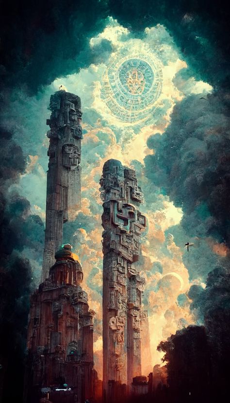 Nature, Aztec Fantasy Art, Aztec Futurism, Inca Temple, Aztec Aesthetic, Aztec City, Modern Aztec, Aztec Temple, Aztec Empire