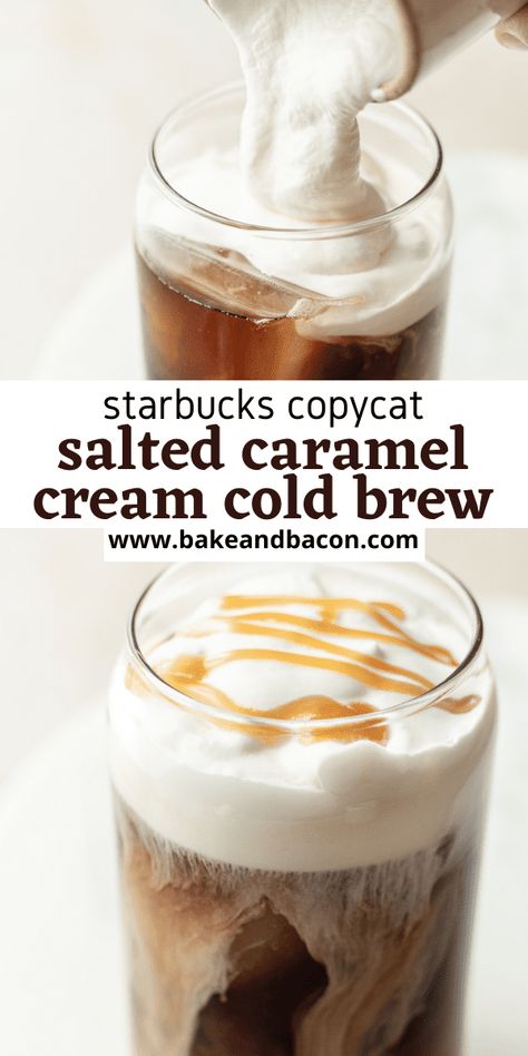 This salty and sweet coffee creation is even better than Starbucks Salted Caramel Cream Cold Brew. It's cold brew topped with salted caramel cream that only takes a few minutes to make! Salted Caramel Cream Cold Brew, Caramel Cream Cold Brew, Flavored Coffee Recipes, Iced Coffee Recipe Easy, Cream Cold Brew, Cold Coffee Drinks, Nespresso Recipes, Cold Brew Coffee Recipe, Cold Brew Recipe