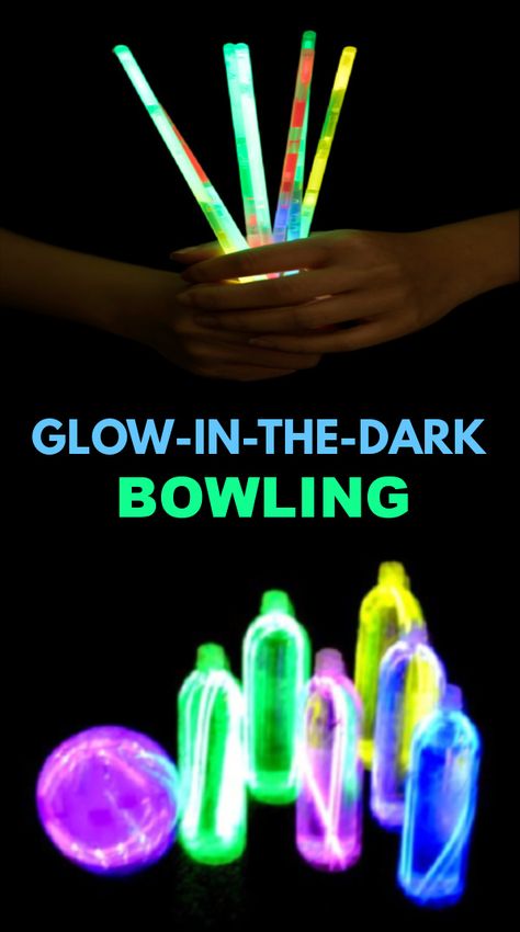 Make your own bowling game using glow sticks and plastic bottles! #glowinthedark #glowinthedarkbowling #diybowlinggame #glowsticks #glowstickbowling #growingajeweledrose #activitiesforkids Glow Stick Bowling, Diy Bowling Game, Glow In The Dark Bowling, Diy Bowling, Summer Activity For Kids, Glow Bowling, Diy Handmade Toys, Cousin Camp, Bowling Games