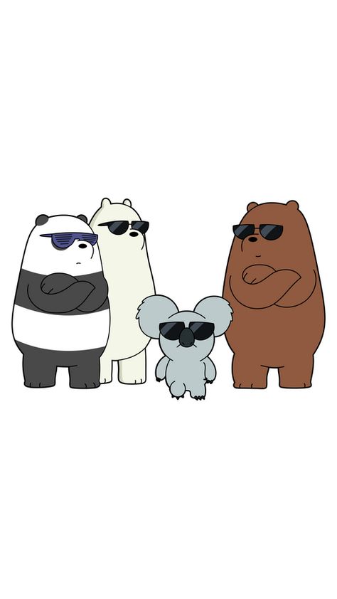 Just look at these cool guys in black sunglasses! This is Panda, Ice Bear, Grizzly, and Nom Nom! The We Bare Bears sticker with Nom Nom Gang!. We Bare Bears Cool Wallpapers, Four Bears Wallpaper, 4 Bears Wallpaper, 4 Pandas Wallpaper, Nom Nom We Bare Bears Aesthetic, Panda And Grizzly We Bare Bears, We Bare Bears Aesthetic Black, We Were Bears Wallpaper, We Bears Wallpapers