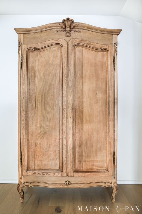 Antique French Armoire, French Armoire Wardrobe, Painted French Armoire, Antique Wood Front Door, Pine Armoire Makeover, Antique Wardrobe Makeover, Antique Armoire Makeover, Armoire Living Room, Carved Armoire