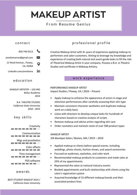 Makeup Artist Resume Sample & Writing Tips | Resume Genius Freelance Makeup Artist Business, Makeup Artist Resume, Makeup Artist Career, Makeup Artist Kit Essentials, Cv Website, Artist Resume, Cv Original, Becoming A Makeup Artist, Artist Cv