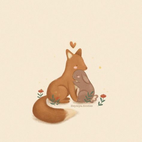 Kawaii, Fox And Rabbit Art, Fox And Bunny, Fox Drawing, Fox And Rabbit, Autumn Morning, Rabbit Art, Cute Animal Drawings Kawaii, Bunny Art