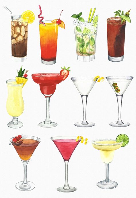 Drink Artwork, Cocktails Clipart, Cocktail Images, Printable Wall Art Living Room, Vintage Cocktails, Cocktail Illustration, Signature Cocktail Sign, Printable Wall Art Quotes, Menu Printing