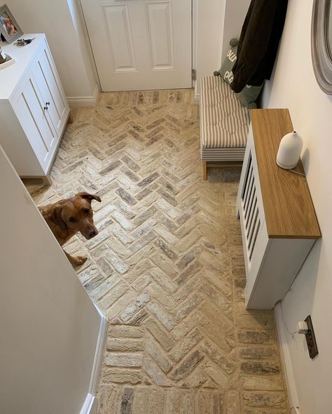 Brick slips flooring with blend 10 in a herringbone pattern, just beautiful! Swipe for an extra treat! Fantastic work @georgiamonaghan . #brickslips #flooring #interiordesign Brick Tile Floor, Brick Slip, Herringbone Brick, Brick Slips, Brick Tile, Herringbone Floor, Brick Tiles, Street House, Tile Companies