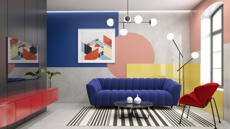 Red, Yellow And Blue Interiors That Offer Colourful Contrast Blue And Yellow Interior Design, Blue And Yellow Interior, Blue Sofa Design, Bauhaus Living Room, Yellow Interior Design, Colour Pop Interior, Bauhaus Interior Design, Blue And Yellow Living Room, Blue Couch Living