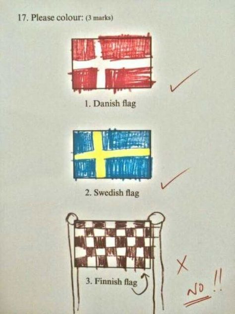 This child, who really should have got an extra point. | 22 Pictures That Perfectly Sum Up Kid Logic Funny Exam Answers, Funniest Kid Test Answers, Kids Test Answers, Finnish Flag, Danish Flag, Swedish Flag, Funny Test Answers, Funny Test, Exam Answer