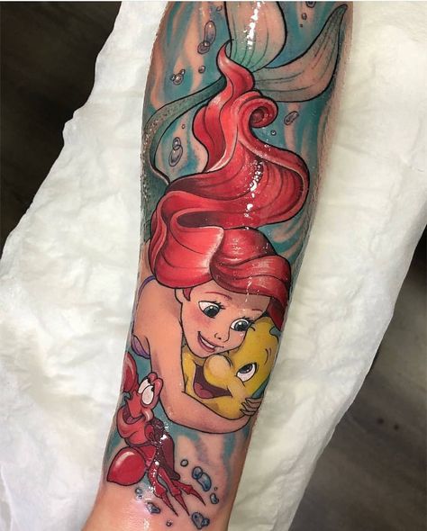 Fun and friends - Ariel with Flounder and Sebastian Ariel Tattoo, Disney Inspired Tattoos, Little Mermaid Tattoo, Disney Sleeve Tattoos, Science Tattoos, Mermaid Tattoo Designs, Hp Tattoo, Disney Princess Tattoo, Mermaid Tattoo