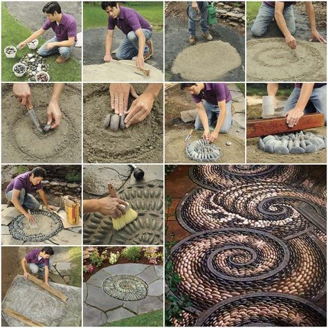 A Spiral Rock Pebble Mosaic Path will give your yard, garden, or walkway a unique and unexpected focal point. You can follow the instructions to build it. Mosaic Walkway, Big Leaf Plants, Diy Path, Rock Garden Design, Pebble Mosaic, Garden Walkway, Front Yard Landscaping Simple, Rock Garden Landscaping, Front House Landscaping