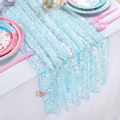 PRICES MAY VARY. Polyester Blue Table Runner Size: 1 piece of 25 Inches width 120 Inches length(10FT long) sequin table runner. It is fits for 6-10 seats table,sparkle table runners that can meet your themed dining table decoration needs. Glitter Table Runner:The iridescent table runner is made of 5MM round sequins material with mesh fabric backing. Reliable and soft, not easy to fade, the sturdy construction makes the table runner of good durability, reusable. Wide Applications:Scales table run Under The Sea Father Daughter Dance, Underwater Party Decorations, Iridescent Table, Mermaid Table, Girl Table, Girls Mermaid Party, Glitter Table, Iridescent Party, Mermaid Birthday Decorations