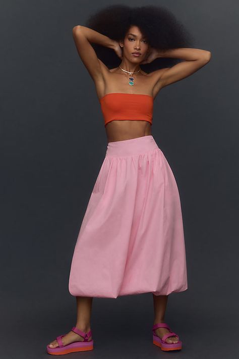 Cotton Side seam pockets Pull-on styling Hand wash Imported | Reina Bubble-Hem Midi Skirt by NIA in Pink, Women's, Size: Large, Cotton at Anthropologie Seamless Strapless Bra, Black Flowy Skirt, Long Pink Skirt, Pink Pleated Midi Skirt, Pink Skirt Outfits, Bbq Outfits, Puffy Skirt, Bubble Hem, Black Pleated Skirt