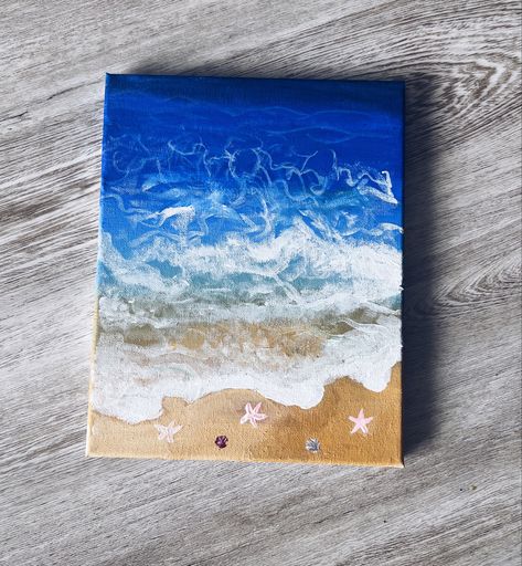 Beach, waves, starfish, seashells, blue, sand, painting, drawing, art, acrylic paint Sand And Acrylic Paint, Beach Waves Acrylic Painting, Sand Drawing, Sketch Instagram, Crafts 2023, Salt Painting, Beach Drawing, Shells And Sand, Beach Inspo