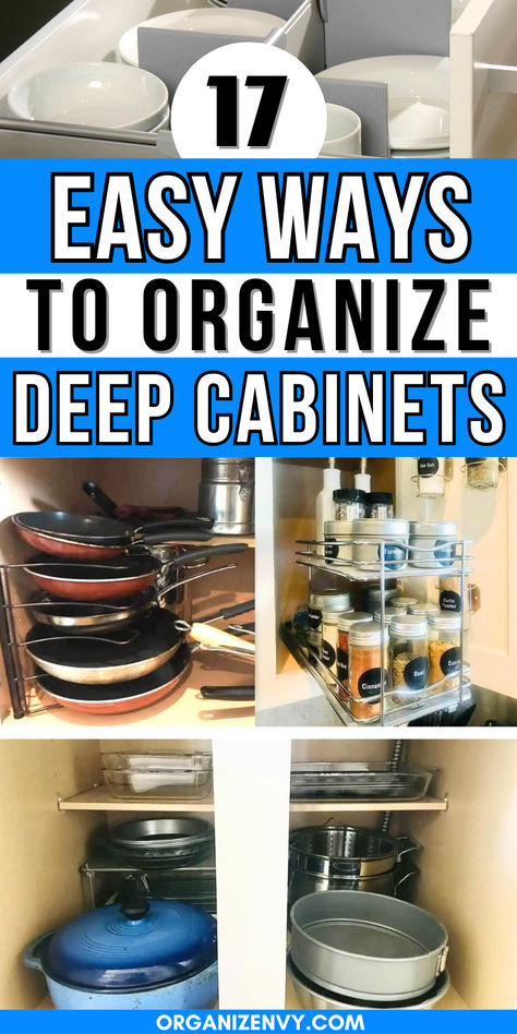 Collage of photos showing organization ideas for deep kitchen cabinets. Drawer Organization Pots And Pans, Large Kitchen Cupboard Storage Ideas, Diy Deep Pantry Shelves, In Cabinet Storage Ideas, Organisation, Kitchen Storage For Pots And Pans, Under Stove Cabinet Organization, Pots And Pans In Pantry, Organizing A Pantry Cabinet