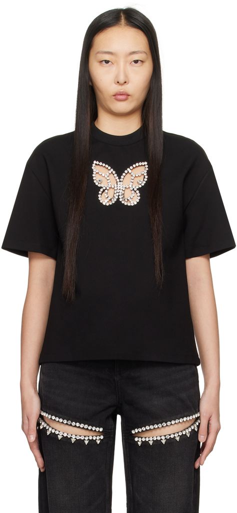 Find Area Exclusive Crystal Butterfly T-shirt on Editorialist. Stretch rayon-blend ponte jersey T-shirt. · Rib knit crewneck · Crystal-cut graphic cutout at chest Supplier color: Black Cutout Tshirt, Braided Shirt, Cutout Shirts, Butterfly Cutout, Butterfly Fashion, Butterfly T Shirt, Embellished Shirt, Ribbed Shirt, Crystal Butterfly