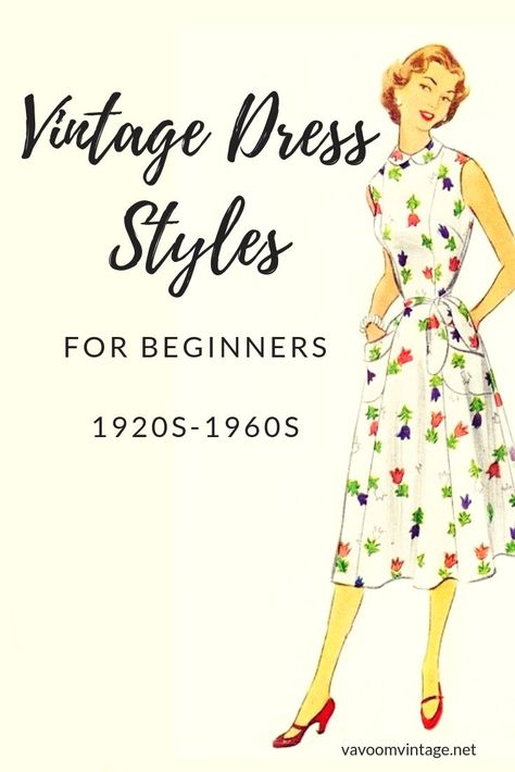 learn how to shop for vintage dresses and learn about different vintage dress styles from the 1920s-1960s Retro Hair, Vintage Dress Styles, Vintage Sewing Patterns Free, Retro Hairstyles Tutorial, Patron Vintage, Mode Retro, Robes Vintage, Kleidung Diy, Vintage Dress Patterns