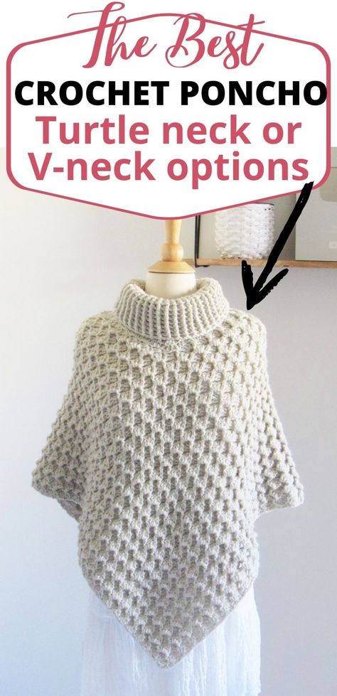 Try this free crochet turtleneck poncho pattern that also includes a V-neck option for those who don't like a high neck. This easy beginner friendly poncho with sleeves will delight any woman and also includes plus sizes. It is the perfect poncho sweater for fall. Crochet Cowl Neck Poncho| Crochet Poncho With Sleeves. Trending Crochet Projects, Crochet Turtleneck Poncho, Poncho Pattern Free, Crochet Turtleneck, Crochet Poncho With Sleeves, Crochet Poncho Patterns Easy, Poncho With Sleeves, Fall Crochet, Cowl Neck Poncho