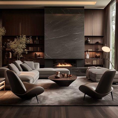 Design Room, Grey And Brown Living Room, Modern Luxury Living Room, Modern Luxury Interior, Dark Living Rooms, Decor Fireplace, Living Room Decor Fireplace, Luxury Living Room Design, Brown Living Room