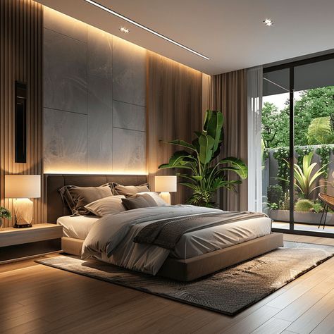 High-tech modern bedroom with a focus on incorporating automated lighting and climate control for a personalized and optimized living experience Dark Modern Bedroom, Black Bedroom Design, Dark Bedroom, تصميم للمنزل العصري, Bedroom Night, Luxury Bedroom Master, Elegant Bedroom, Room Design Bedroom, Modern Bedroom Design