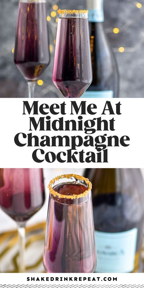 This champagne cocktail goes out to all of the Swifties. Inspired by Taylor Swift's newest album, our Meet Me at Midnight Champagne Cocktail is perfect for sipping on while listening to her songs or toasting at midnight on New Year's Eve! Midnight Rain Cocktail, Champagne Problems Cocktail, Taylor Swift Nye Party, Best Food For Parties, Acotar Cocktails Ideas, Speak Now Inspired Drinks, Acotar Inspired Food, Taylor Swift Themed Charcuterie Board, Acotar Themed Cocktails