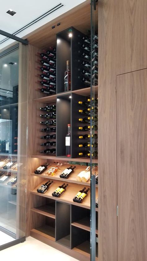 Wine Room Light Fixtures, Wine Rack Wall Modern, Modern Wine Room, Cave A Vin Design, Wine Wall Display, Wine Storage Wall, Wine Cellar Wall, Wine Room Design, Glass Wine Cellar