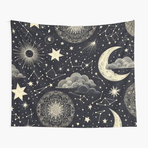 Get my art printed on awesome products. Support me at Redbubble #RBandME: https://www.redbubble.com/i/tapestry/Starry-Night-Sky-by-LyssasMindArt/157373031.ODB3H?asc=u Constellation Tapestry, Sky Tapestry, Celestial Design, Moon Tapestry, Starry Night Sky, White Stars, The Night Sky, Tapestry Design, Night Sky