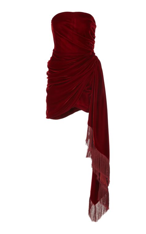 Oscar De La Renta - FW19 | Fringe-trimmed deep red velvet strapless dress ($4,990) Velvet Mini Dress, Pakaian Feminin, Mode Kpop, Mini Velvet Dress, Mode Inspo, Kpop Fashion Outfits, Stage Outfits, Kpop Fashion, Fesyen Wanita