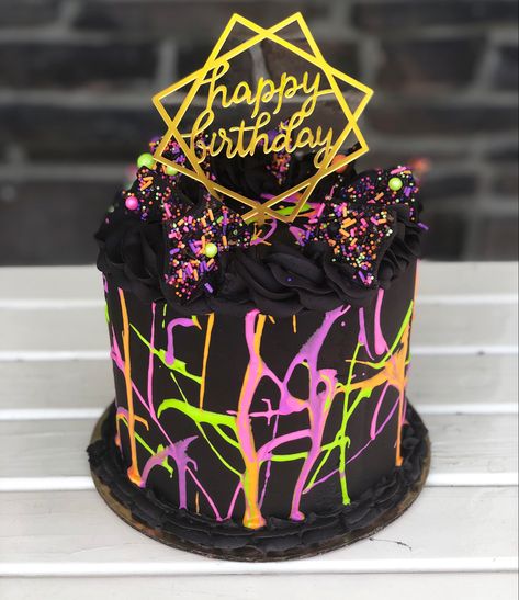 Neon cake decorated with @sprinklepopshop  sprinkles Birthday Cake Neon Colors, Neon Color Birthday Cake, Neon Cake Aesthetic, Sweet 16 Neon Cake, Birthday Cake Neon Party, Neon Glow Party Cake Ideas, Black And Neon Cake, Neon Party Cupcakes, Glow In The Dark Cakes Birthdays