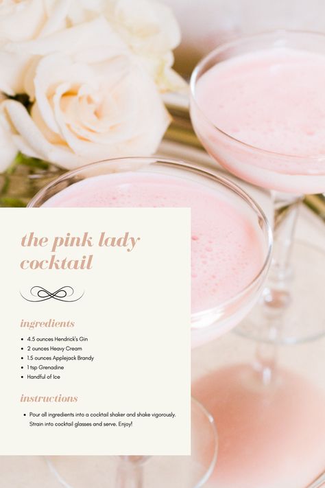 Pink Lady Cocktail Recipe, Girly Cocktail Recipes, Pastel Cocktails, Pink Lady Drink, Pink Lady Cocktail, Valentine Cocktails, Booze Drink, Adult Beverages Recipes, Pastel Pink Color