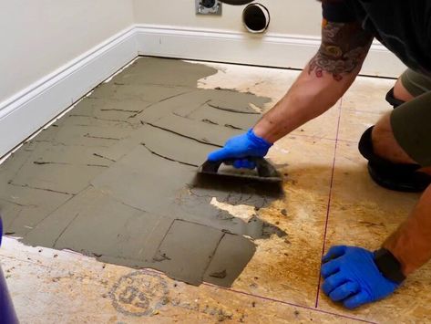 Installing Tile Floor for the First Time // How To Lay Tile Floor How To Tile Kitchen Floor, How To Install Ceramic Tile Floor, How To Lay Tile Floor Diy, How To Install Tile Floor, How To Lay Tile In Bathroom, How To Tile Floor, Diy Floor Tile Installation, Laying Tile Floor Diy, How To Tile A Floor